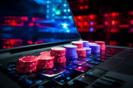 Gaming Extravaganza: Red and Blue Neon Lights Illuminate the Virtual Casino as Poker Chips Dance on a Keyboardの素材
