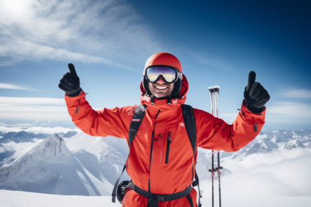 Skiing in Style: A Captivating Portrait of a Confident Male Skier in Red Jacket Gracefully Conquers t_98の素材