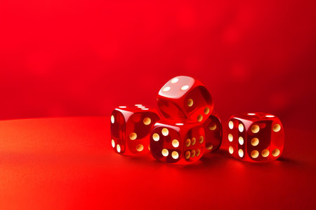 Lucky Red Dice: A Thrilling Casino Experience on a Vibrant Red Backgroundの素材