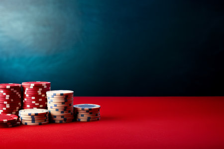 Immersive Casino Experience: Vibrant Red Felt Table with Poker Chips and Roulette Theme Backgroundの素材