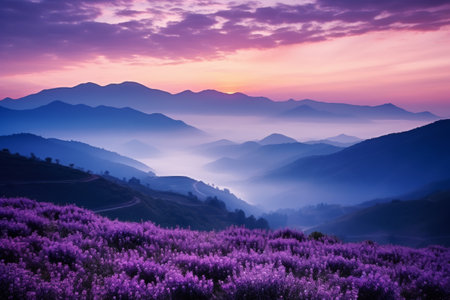 Mystical Twilight: Enchanting Romance Amidst Foggy Mountains and Sunsetの素材