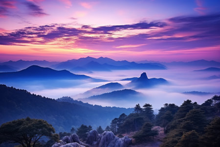 Fading into Twilight: Captivating Romance of Fog-Blanketed Sunset Mountainsの素材