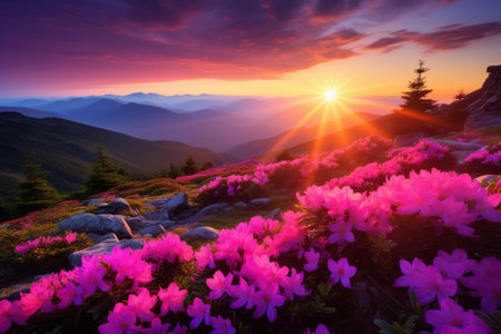 Enchanting Summer Landscapes: Vibrant Rhododendron Flowers Blanket Majestic Mountain Meadowsの素材