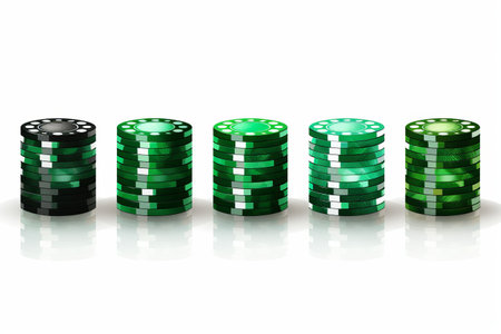 Exquisite Banner Design: Vibrant Green Casino Chips Set on a Serene White Backgroundの素材