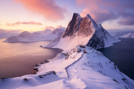 A Captivating Winter Wonderland: Footprints on Segla Hill at Senja Island, Norwayの素材
