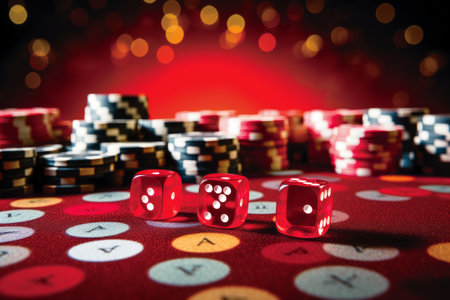 Fortune Unleashed: The Thrilling Saga of Rolling Red Dices and Casino Chips on a Relaxing Gaming Tableの素材