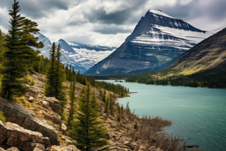 Enchanting Saint Mary Lake at Sun Point: A Majestic Panoramic Outlookの素材