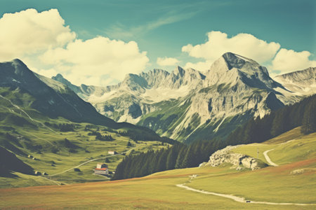 Vintage Stylization of a Scenic Alpine Landscape: Natural Mountain Background with Rangesの素材