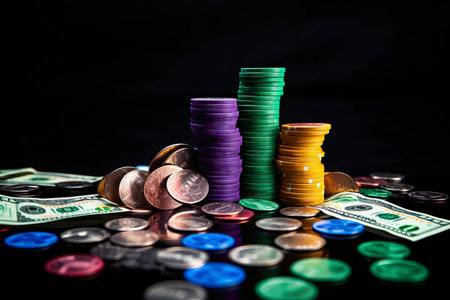 Gaming Extravaganza: A Luxurious Display of a Royal Flush Encrusted with Colorful Chip Towers, amidst a Cascade of Flying Dollars, Chips, and Coins on a Green Table, Set against a Captivating Black Backgroundの素材