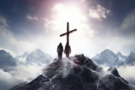 Ski Couple's Sacred Moment: Standing Under the Crucifixion on Snowy Mountainの素材