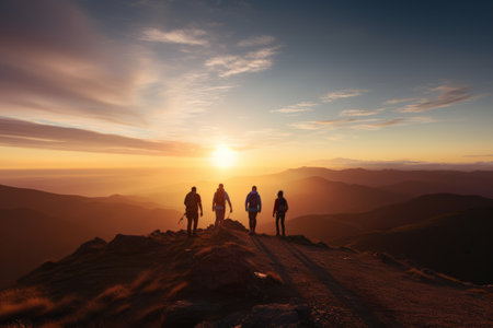 Sunset Serenity: A Small Group of Adventurous Tourists Conquer the Mountain Summitの素材