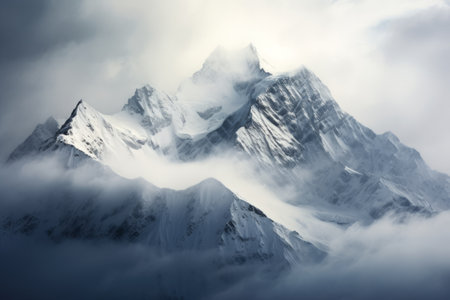 Mysterious Mist Blanketing Snow-Capped Majestic Mountainsの素材