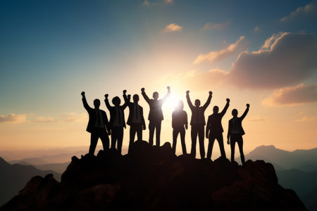 The Powerful Rise: Silhouette of Business Team Triumphantly Raising Arms atop the Mountainの素材