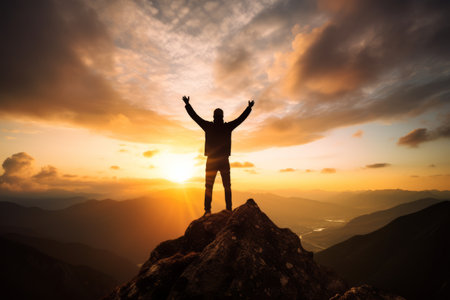 Reaching New Heights: Silhouette of Positive Man Celebrating on Mountain Top with 99の素材