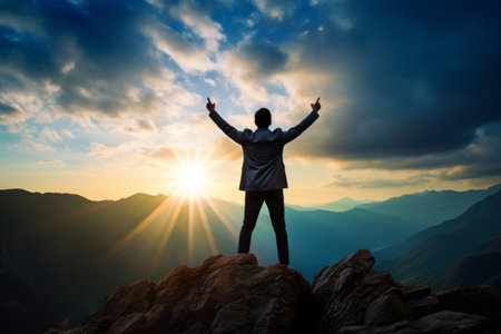 Ascending to Success: A Businessman's Triumph on the Mountaintopの素材