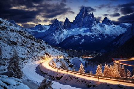 Majestic Dolomites: A Serene Winter Night Journey through Snowy Mountainsの素材