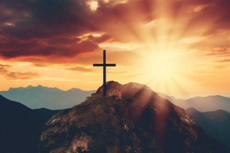 Majestic Silhouettes: Illuminated Crucifix Symbols atop Mountain Peaksの素材