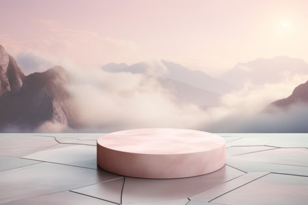 Misty Mountain Beauty: A Dreamy Summer Paradise featuring Stone Podium and Cosmetic Product Displayの素材