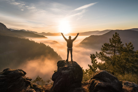 Exhilarating Triumph: Free-spirited Hiker Revels in the Sunny Morning atop Roc_99の素材