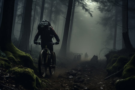 Thrill-seekers: Exploring Nature's Majesty on a Mountain Bike in the Forestの素材