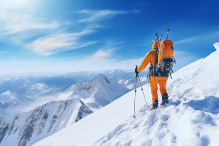 Conquering New Heights: Ski Mountaineer Ascending a Treacherous Snowy Ridgeの素材