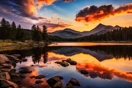 Captivating Summer Sunset at Sprague Lake: A Breathtaking Panoramic View of the Rocky Mountain National Park, Colorado, USAの素材
