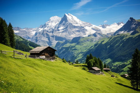 Immerse Yourself in the Serene Charm of Swiss Countryside Mountains in Summerの素材