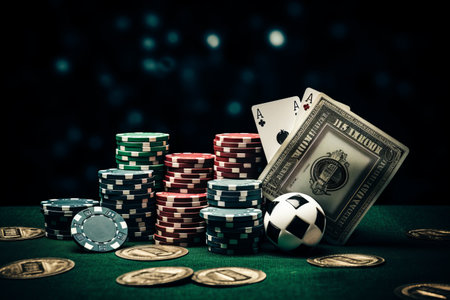 Winning Streak: A Dynamic Studio Shot of Poker Chips, Dices, Playing Cards and More in a Grunge Gambling Settingの素材
