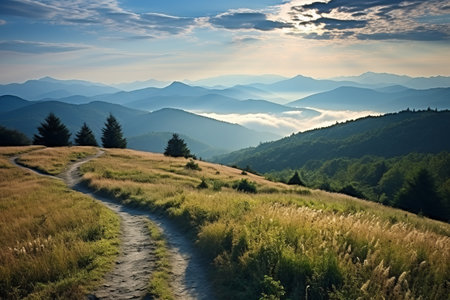 Unveiling Nature's Majesty: Witnessing the Spectacular View at Max Patch, North Carolina and Tennessee along the Asheville, Great Smoky Mountains, and Appalachian Trailsの素材