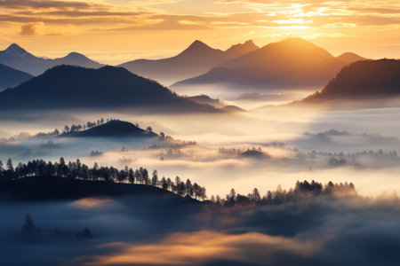Majestic Dawn: A Sunrise over Enchanting Misty Mountainsの素材