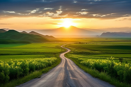 Rolling Serenity: Embracing Nature's Beauty on a Country Road Through Green Farmlandの素材