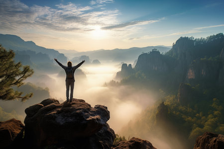 Euphoric Hiker Embraces the Radiant Morning on Roc_95の素材