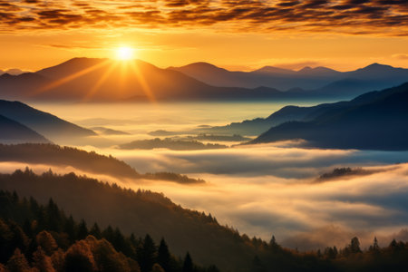Enchanting Autumn Dawn: A Vibrant Sunlit Landscape in the Misty Mountain Peaksの素材