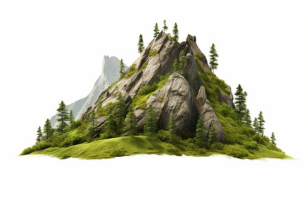 Serene Landscape: Captivating Rock Mountain Hill and Green Forest Embracing Tranquility on a White Canvasの素材