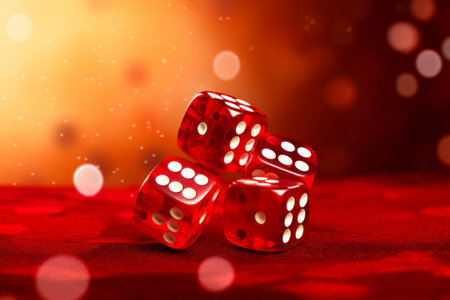 Red Dices Casino: Uncover the Gambling Luck on a Vibrant Red Backgroundの素材