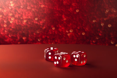Luck and Excitement Awaits at the Red Dices Casino! Experience the Thrill on a Red Backgroundの素材