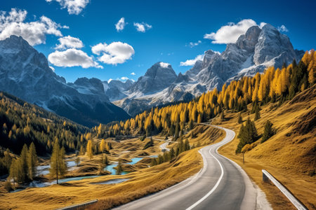 Enchanting Road through Dolomites: Capturing the Majestic Beauty of Autumn Splendorの素材