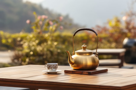 A Serene Morning: Exploring Rustic Rural Getaways with Majestic Mountain Backdrops and a Charming Teapot Setの素材