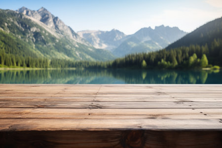 Serenity in Nature: Summer Lakes Mountain Exuberance Captured on an Empty Wooden Tableの素材