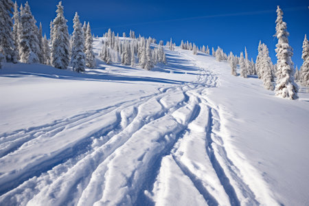 Mesmerizing Tracks in the Snow: A Blissful Winter Wonderland at Powder Mountain Ski Resort in Utahの素材