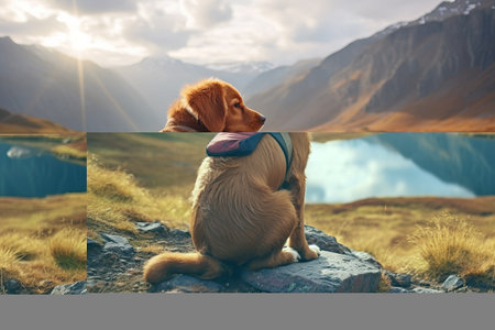 Majestic Canine Gazing at River Amidst Mountainous Backdropの素材