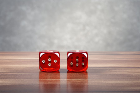 Game of Chance: Two Vibrant Red Glass Dice Beckoning Fortune on a Polished Wooden Tableの素材