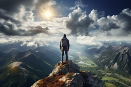 Scaling New Heights: Embracing the Active Lifestyle of a Tourist Man Hiker on the Mountain Peakの素材