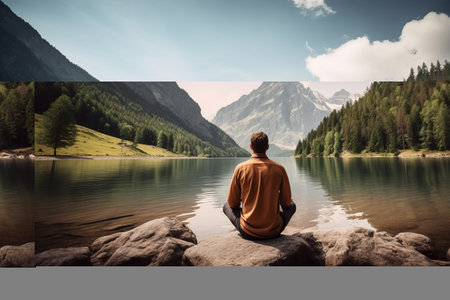 Escaping the Chaos: A Traveler's Serene Meditation Amidst Majestic Mountainsの素材