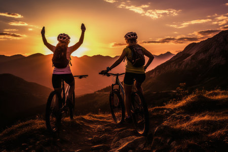 Sunset Triumph: Two Adventurous Women Celebrate a Wild Cycling Journeyの素材