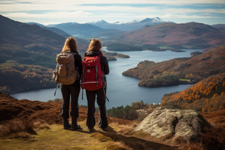 Breathless Beauty: Captivating Valley Views for Two Adventurous Female Hikers in Loch Katrine, Scottish Highlands, UKの素材