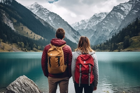 Adventurous Travelers: Exploring Majestic Mountain Lakes in Austria's Picturesque Landscapeの素材