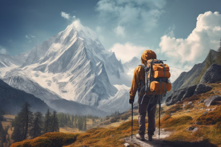 Nomadic Adventures: Exploring Majestic Mountains with a Relaxed Backpackerの素材