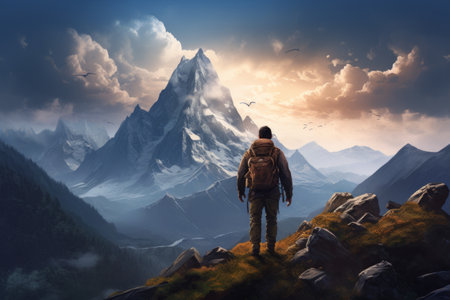 Adventures of an awe-struck tourist: Exploring breathtaking mountain panoramas with a backpack in hand!の素材