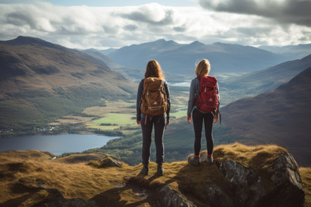 Capturing Bliss: Two Adventurous Women Soaking in the Scenic Valley View atop Ben a'an, Loch Katrina, Highlands, Scotland, UKの素材